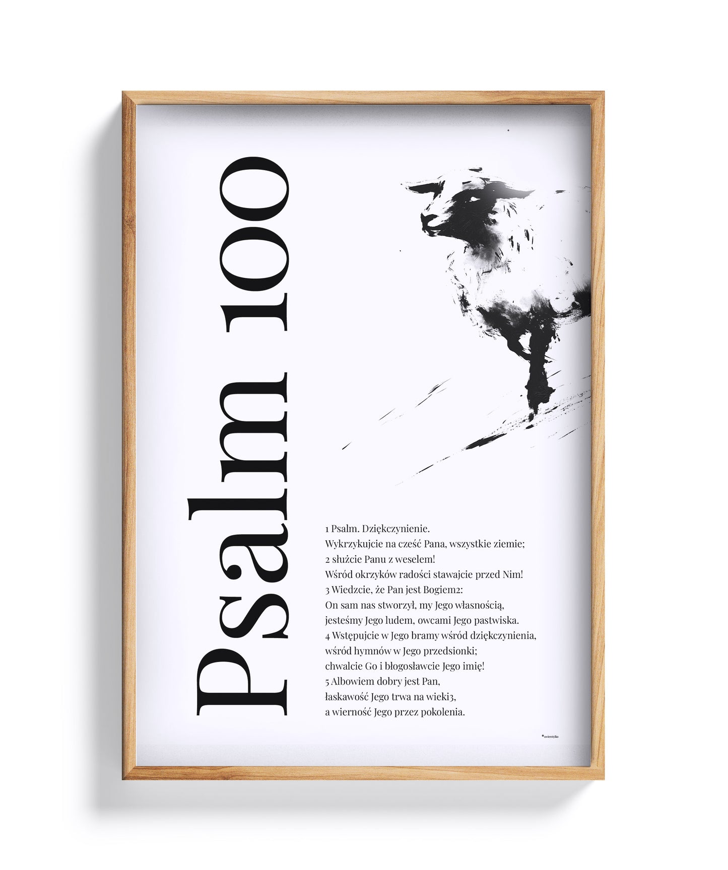 Psalm 100 – plakat z ilustracją owcy, w dębowej ramie
