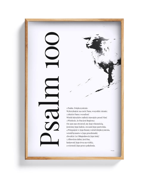 Psalm 100 – plakat z ilustracją owcy, w dębowej ramie