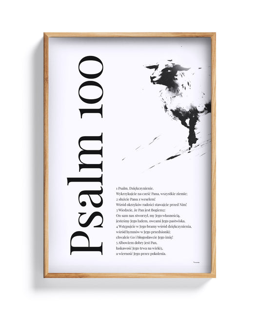 Psalm 100 – plakat z ilustracją owcy, w dębowej ramie