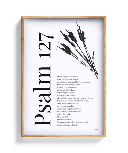 Psalm 127 – plakat z ilustracją snopków zboża, w dębowej ramie