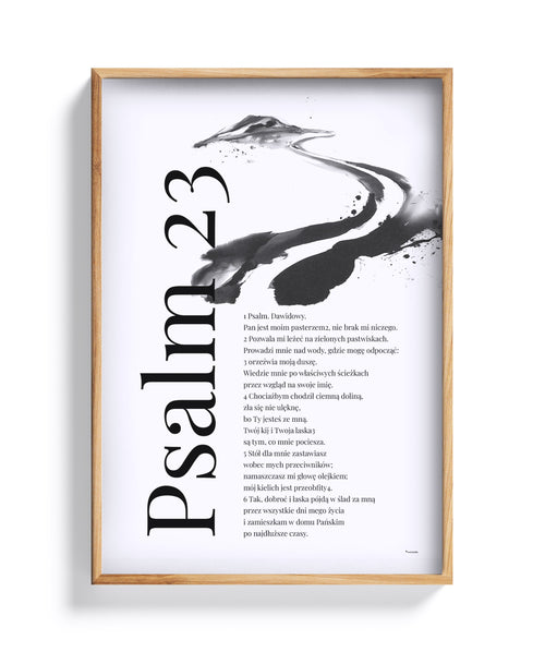 Psalm 23 – plakat z ilustracją drogi i pejzażu w dębowej ramie