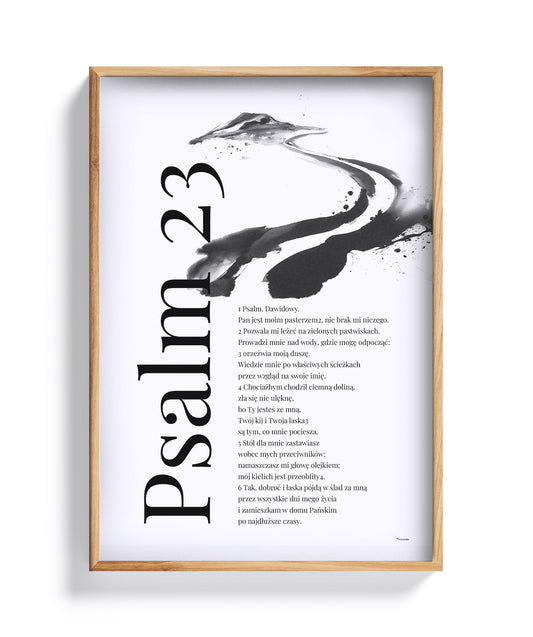 Psalm 23 – plakat z ilustracją drogi i pejzażu w dębowej ramie